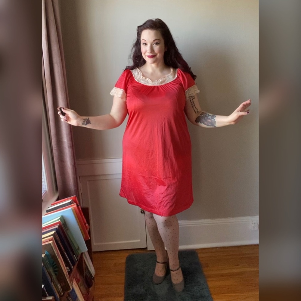 Silky red nylon nightgown with cream lace trim